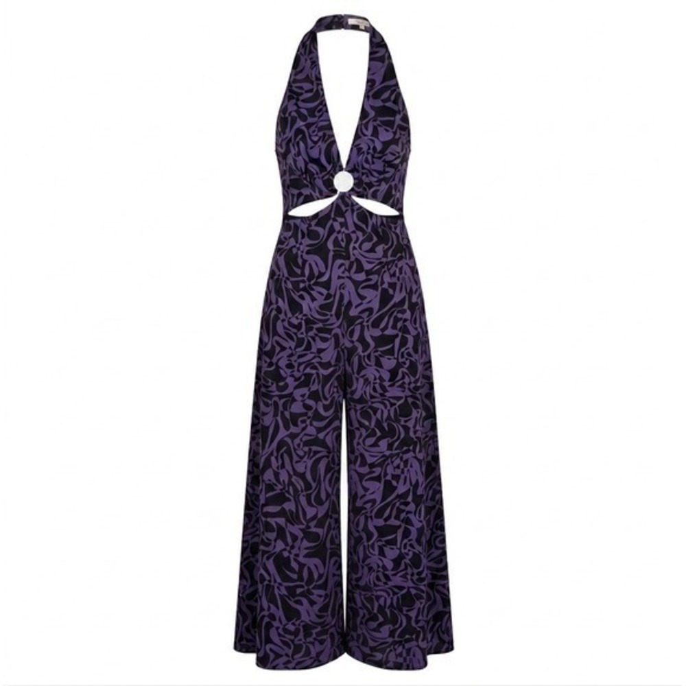 Free People Purple Black Abstract Wide Leg Halter Jumpsuit OB1466585 Small NEW